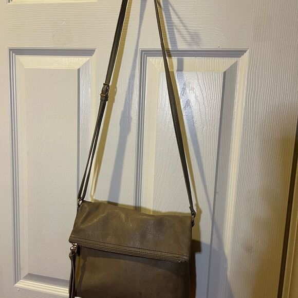 Margot Fold over Taupe Leather Crossbody Bag  brass hardwares and accent - Picture 6 of 13